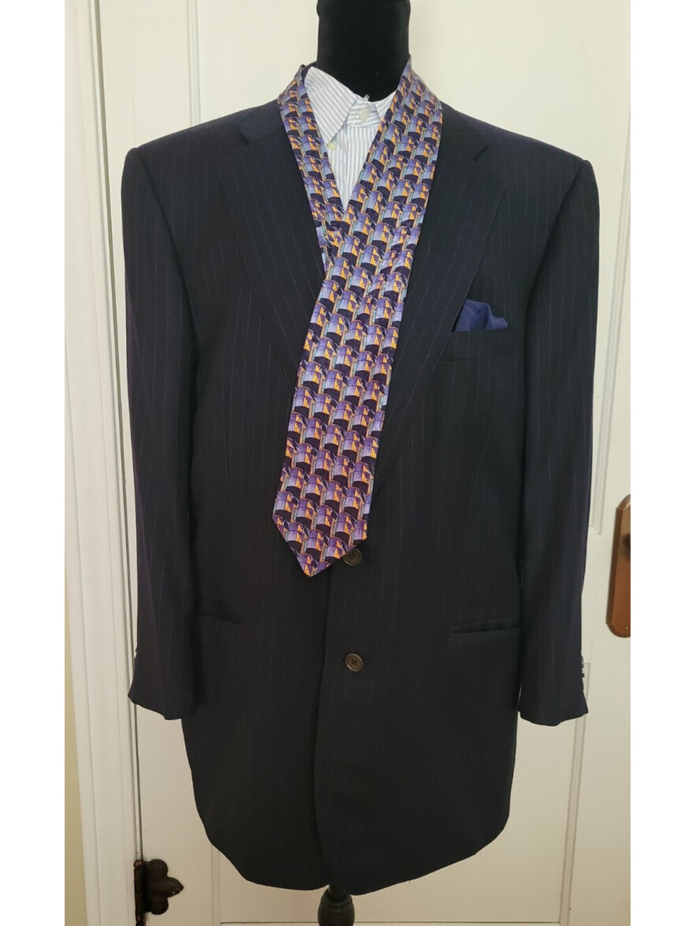 Ermenegildo Zegna Navy Chalk Stripe Twill Suit Italy Vintage Switzerland 2004